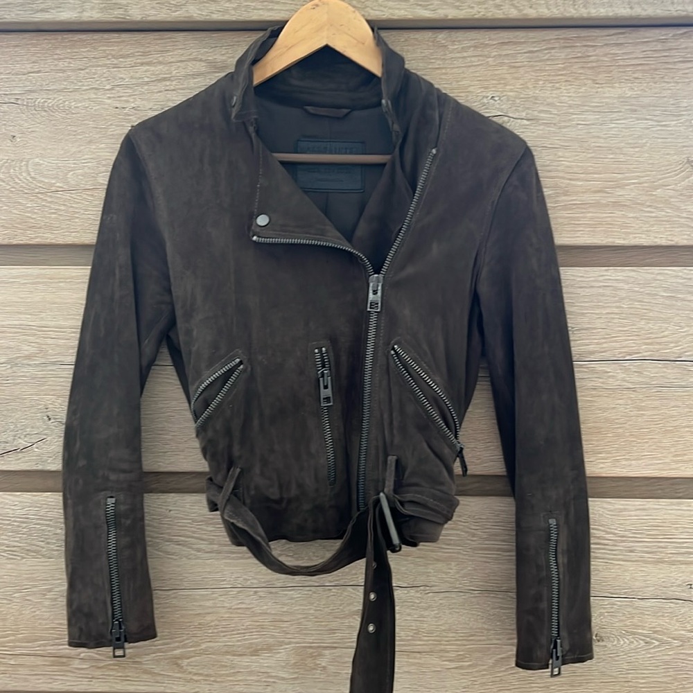 All Saints Olive Green Soft Suede Leather Jacket